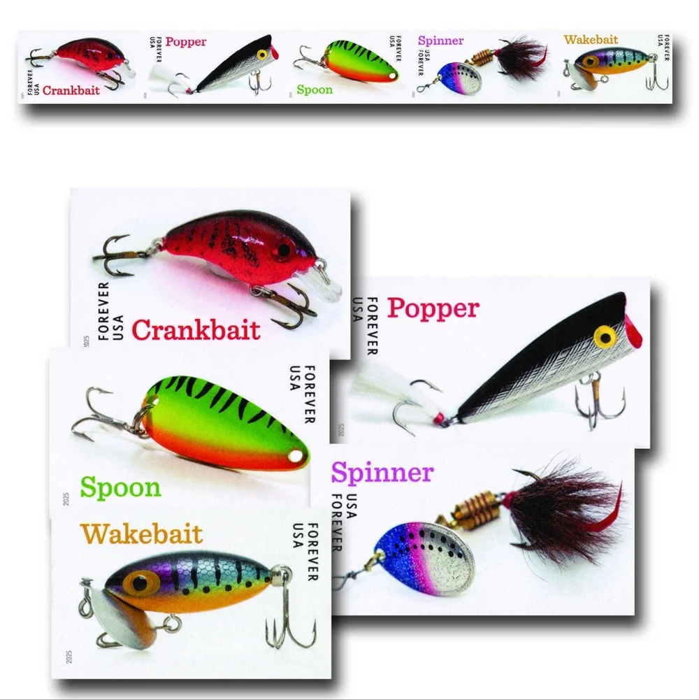 100 Freshwater Fishing Lures 2025‎ Forever Postage Stamps USPS Bachelor Party